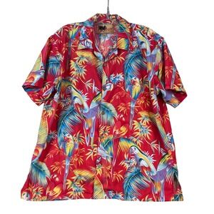 InGear Fashions Mens Red Tropical Parrot Palm Print Camp Shirt Size Med. Cruise